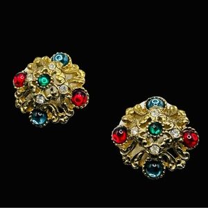 Vintage Jeweled Etruscan Style Clip Earrings